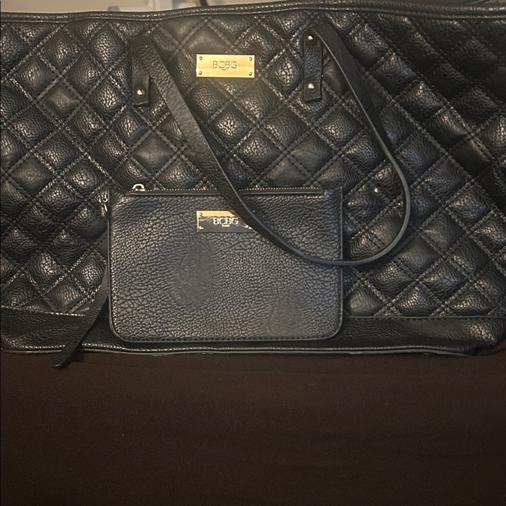BCBG Black Quilted Tote and Pouch Set